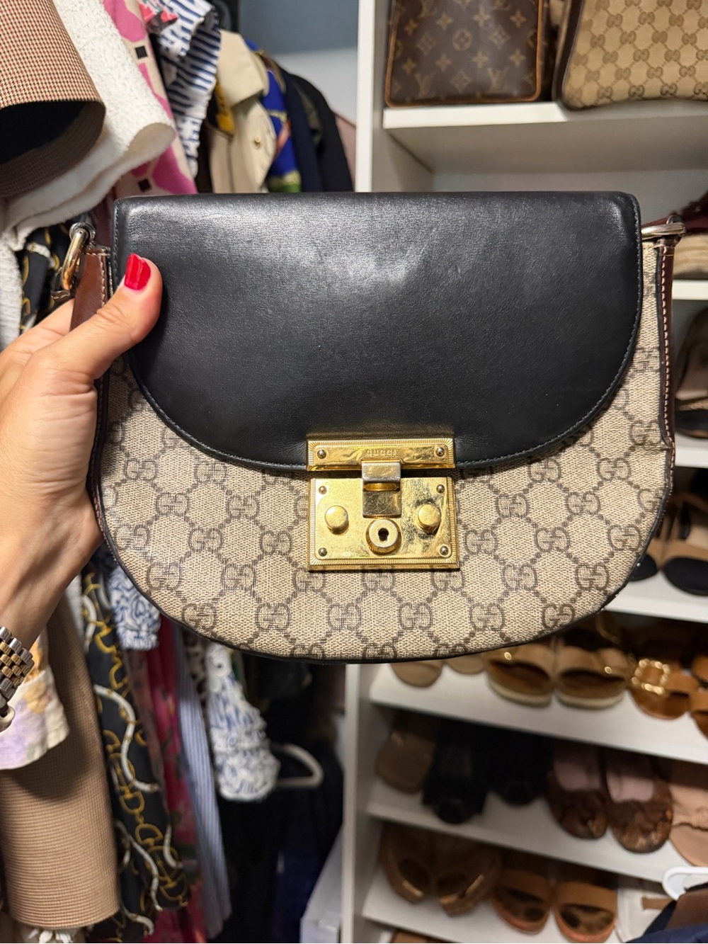 Gucci GG Supreme Padlock Crossbody Bag with Navy & Red Strap